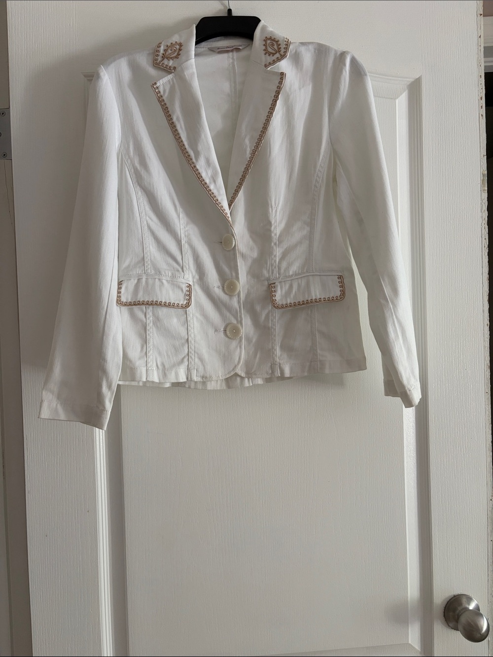 Simon Chang White Denim Blazer with Gold Trim Embroidery